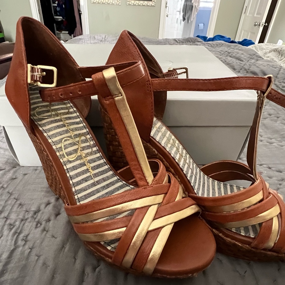 Jessica Simpson Tan and Gold Wedge Sandals